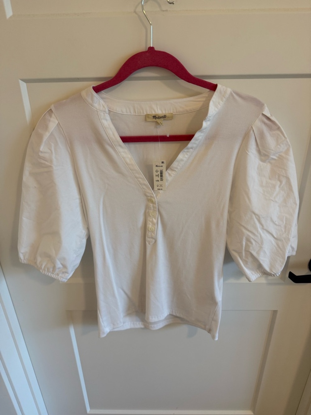 Madewell Puff Sleeve Ribbed Top | White V-Neck Henley Short Sleeve Blouse M NWT